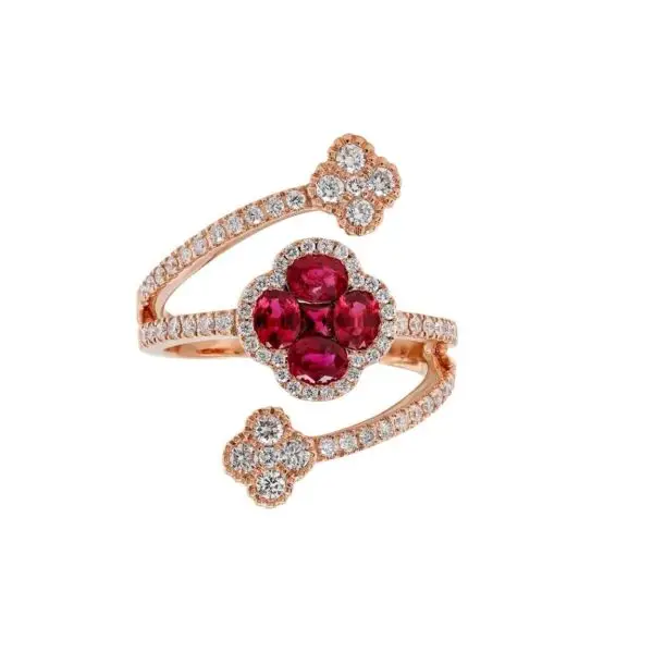 Ring in Rose Gold with Round Diamonds and Red Rubies