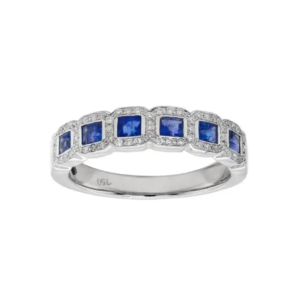 Ring in White Gold with Round Diamonds and Blue Sapphires