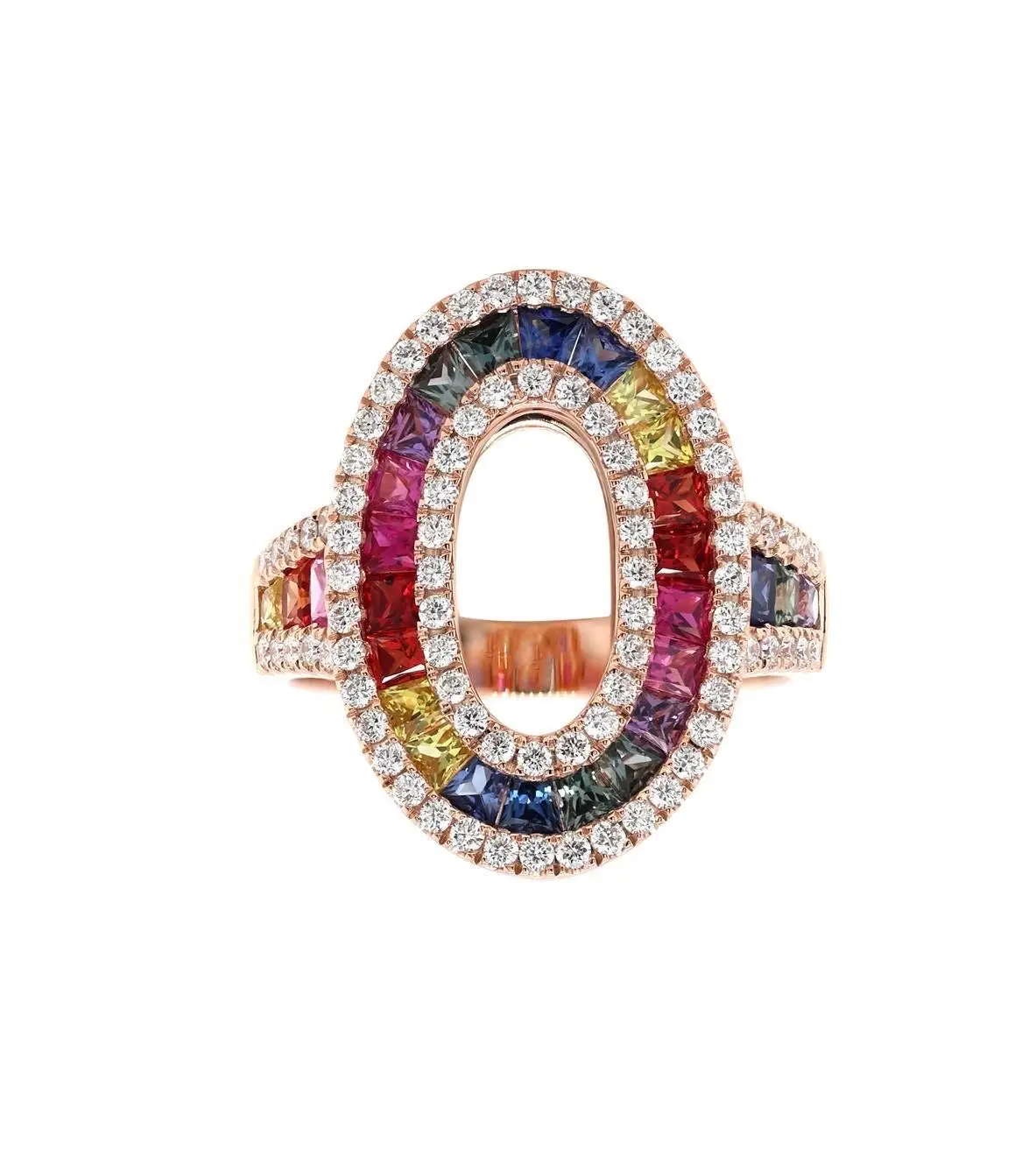 Ring in Rose Gold with Round Diamonds and Rainbow Sapphires