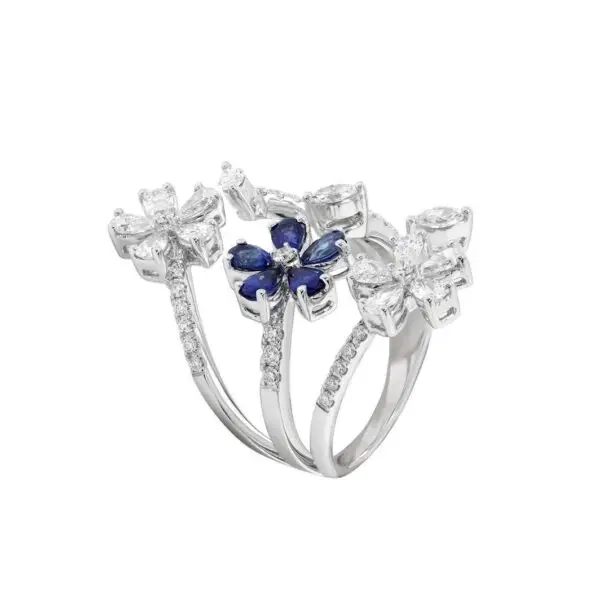 Ring in White Gold with Round, Pear, Marquise Shape Diamonds and Blue Sapphires