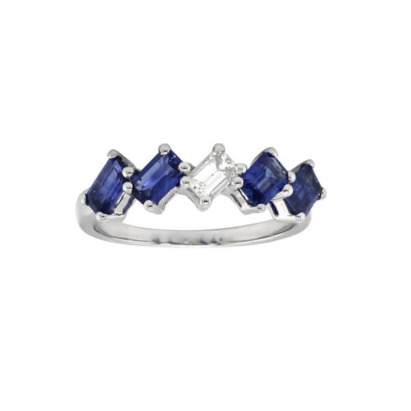 Ring in White Gold with Emerald Shape Diamond and Blue Sapphires