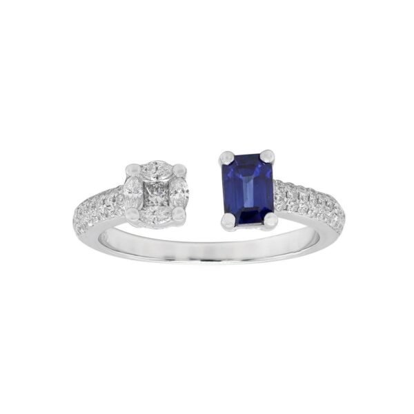 Ring in White Gold with Round, Princess and Marquise Shape Diamonds and Emerald Shape Blue Sapphire