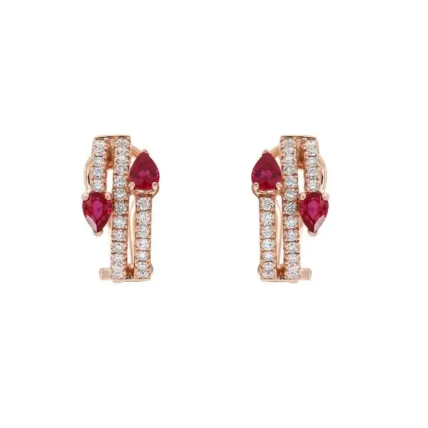Contrarié Earrings in Rose Gold with Round Diamonds and Red Rubies