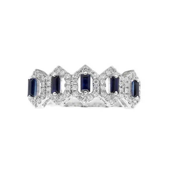 Ring in White Gold with Blue Sapphire Baguette  and Round shaped Diamonds