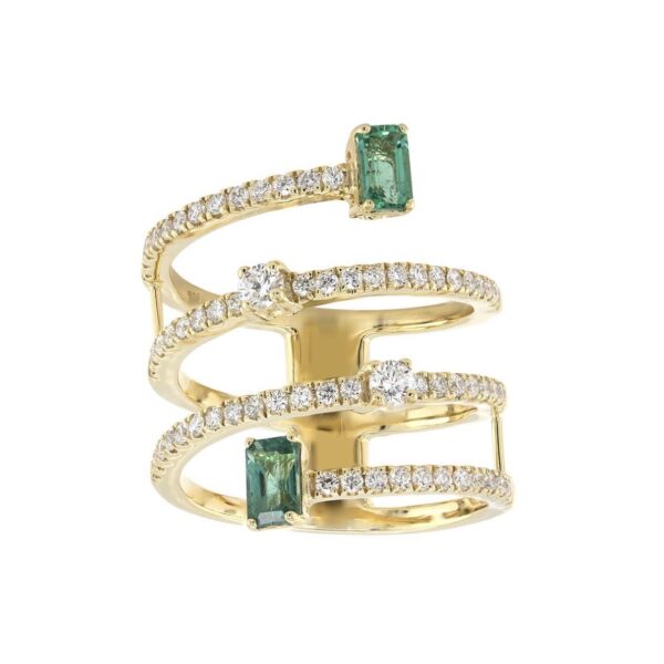 Ring in Yellow Gold with Round Diamonds and Green Emerald