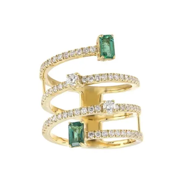 Ring in Yellow Gold with Round Diamonds and Green Emerald