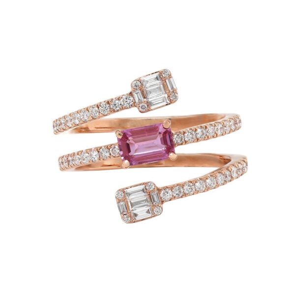 Ring in Rose Gold with Round and Baguette Shape Diamonds and Pink Sapphire