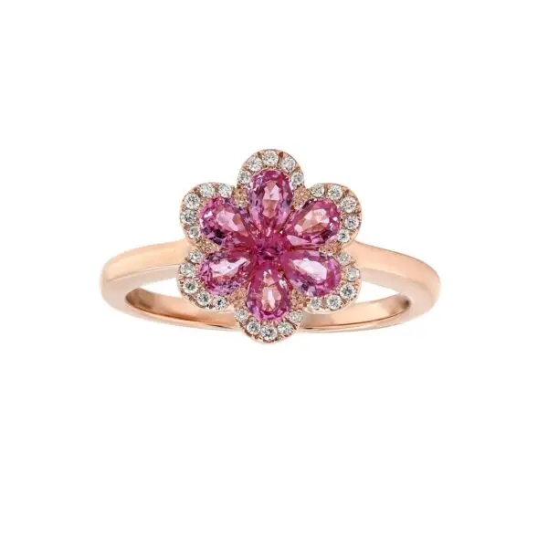 Ring in Rose Gold with Round Shape Diamonds ans Pink Sapphires