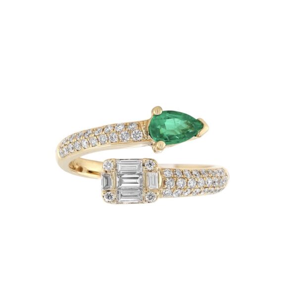 Ring in Yellow Gold with Round and Baguette Shape Diamonds and Green Pear Shape Emerald