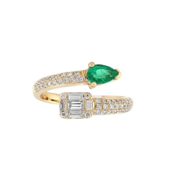 Ring in Yellow Gold with Round and Baguette Shape Diamonds and Green Pear Shape Emerald