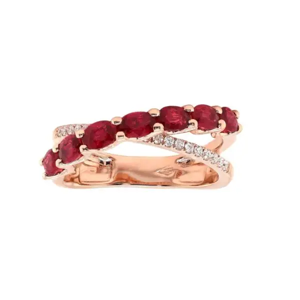 Ring in Rose Gold with Round Shape Diamonds ans Oval Shape Rubies