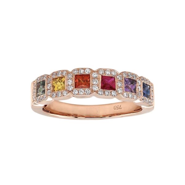 Ring in Rose Gold with Round Diamonds and Multicolour Princess Shape Sapphires