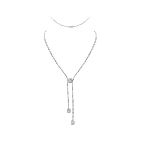 Cascade Necklace in White Gold with Round and Baguette Shape Diamonds