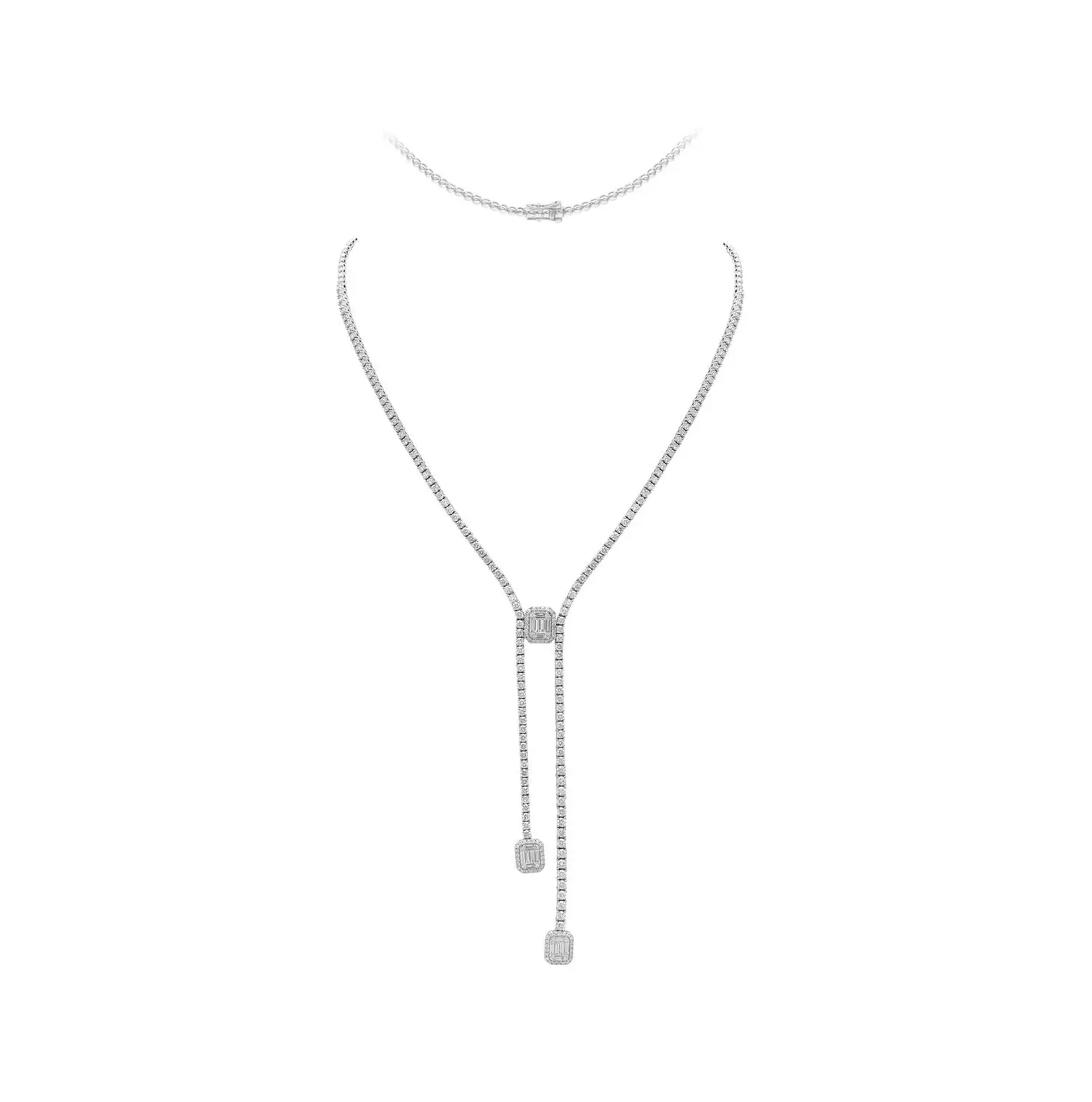 Cascade Necklace in White Gold with Round and Baguette Shape Diamonds
