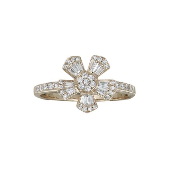 5-Leaf Flower Ring in Rose Gold with Round and Baguette Shape Diamonds