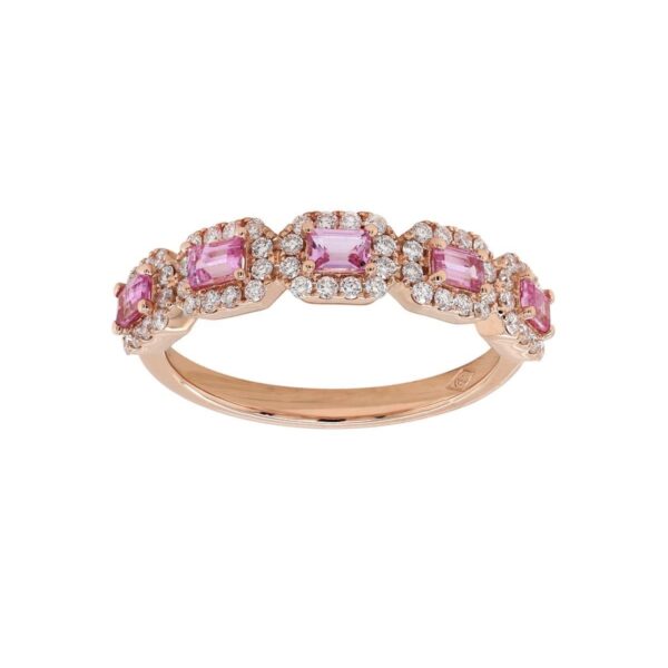 Ring in Rose Gold with Round Diamonds and Pink Baguette Shape Sapphire