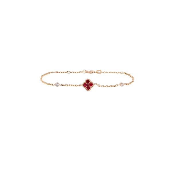 4-Clover Bracelet in Rose Gold with Round Diamonds and Red Rubies