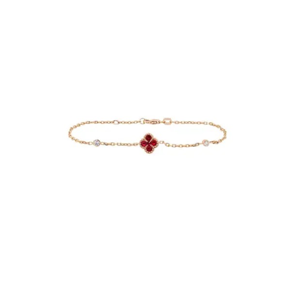 4-Clover Bracelet in Rose Gold with Round Diamonds and Red Rubies