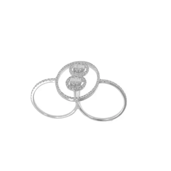Double Finger Ring in White Gold with Round and Baguette Shape Diamonds