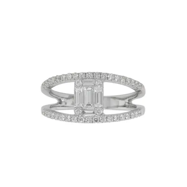 V-shaped Ring in White Gold with Round and Baguette Shape Diamonds