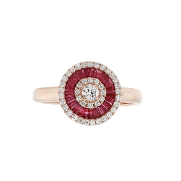 Ring in Rose Gold with Round Diamonds and Invisible set Rubies