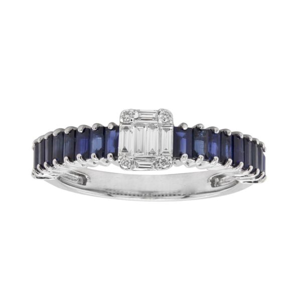 Ring in White Gold with Round, Baguette Shape Diamonds and Blue Sapphires