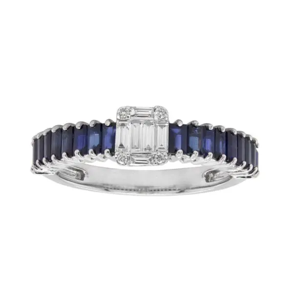Ring in White Gold with Round, Baguette Shape Diamonds and Blue Sapphires