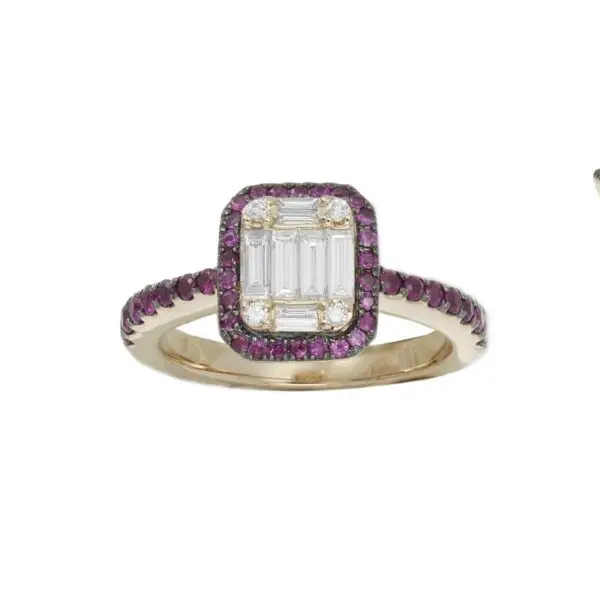 Ring in Rose Gold with Round and Baguette Shape Diamonds and Red Rubies