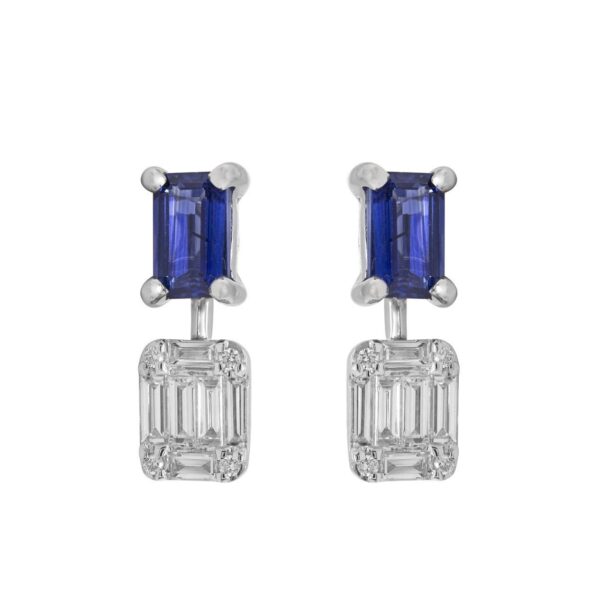 Ear Studs in White Gold with Round, Baguette Shape Diamonds and Blue Sapphires