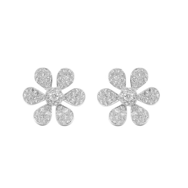 6-Leaf Flower Ear Studs in White Gold with Round Diamonds