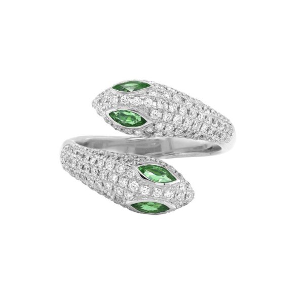 Snake Shaped Ring in White Gold with Round Diamonds and Green Marquise Shape Emerald