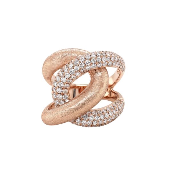 Interlocking Gourmette Ring in Brushed Rose Gold with Diamonds