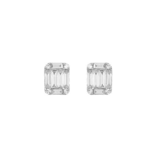 Emerald shaped Earrings in White Gold with Round and Baguette shaped Diamonds