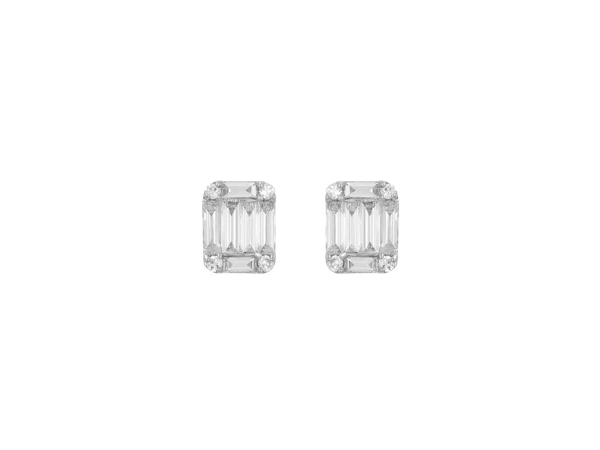 Emerald shaped Earrings in White Gold with Round and Baguette shaped Diamonds