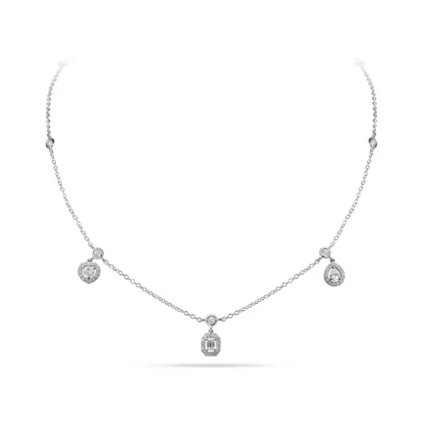 Contemporary White Gold Necklace with Round, Heart, Emerald and  Pear Shape Diamonds