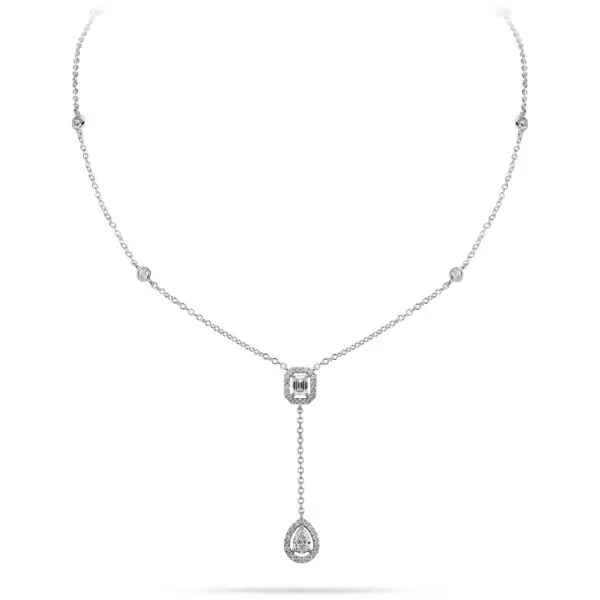 Contemporary  White Gold Necklace with Round, Pear and Emerald Shape Diamonds
