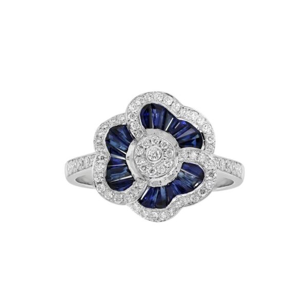 3-Leaf Flower Ring in White Gold with Round Diamonds and Blue Sapphires