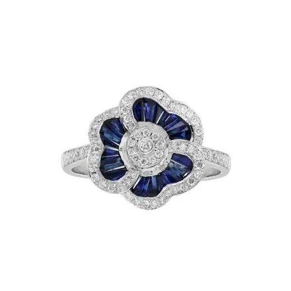 3-Leaf Flower Ring in White Gold with Round Diamonds and Blue Sapphires