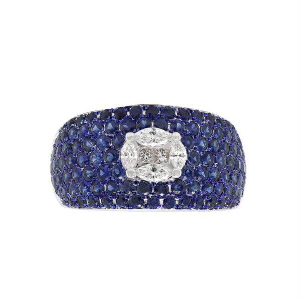Ring in White Gold with Pavé Set Blue Sapphires Marquise and Princess Shape Diamonds