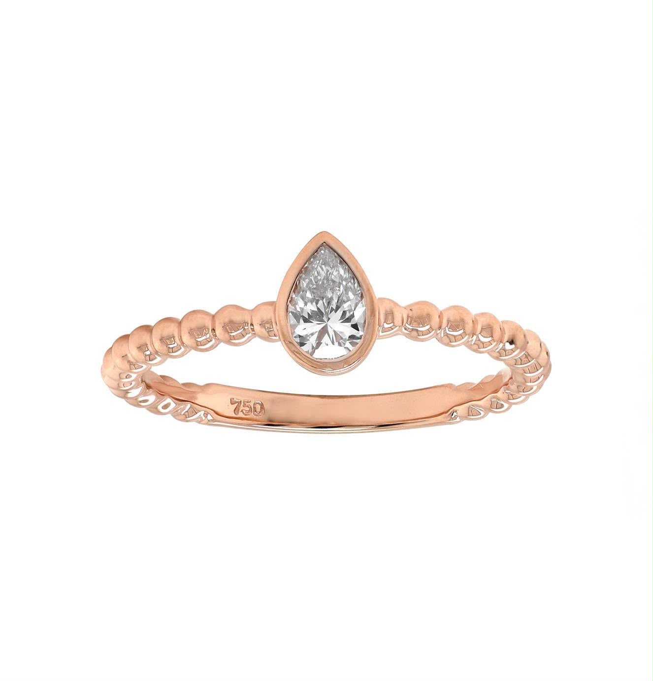 Beaded Band Ring in Rose Gold with Pear Shape Diamond