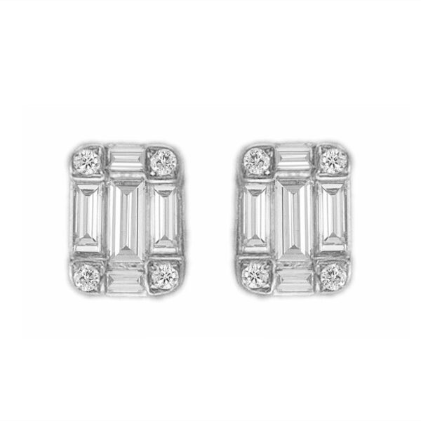 Emerald shaped Earrings in White Gold with Round and Baguette shaped Diamonds