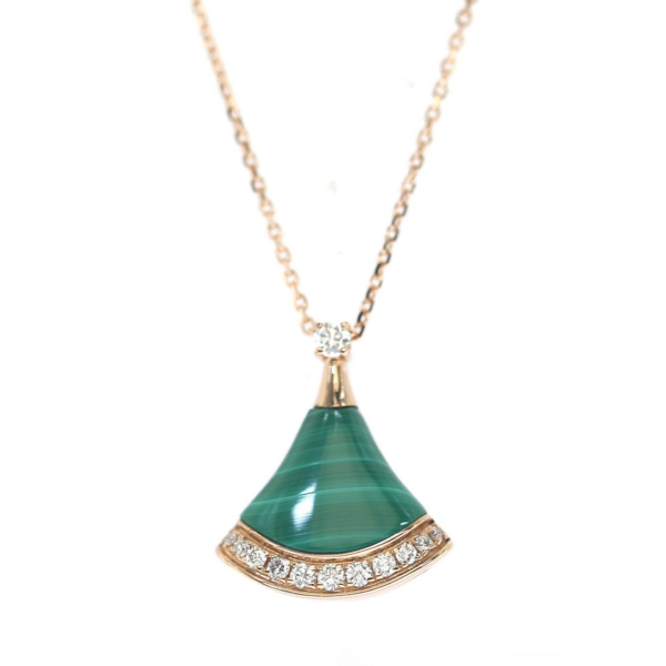 Fan Shaped Pendant in Rose gold with Green Malachite and Diamonds