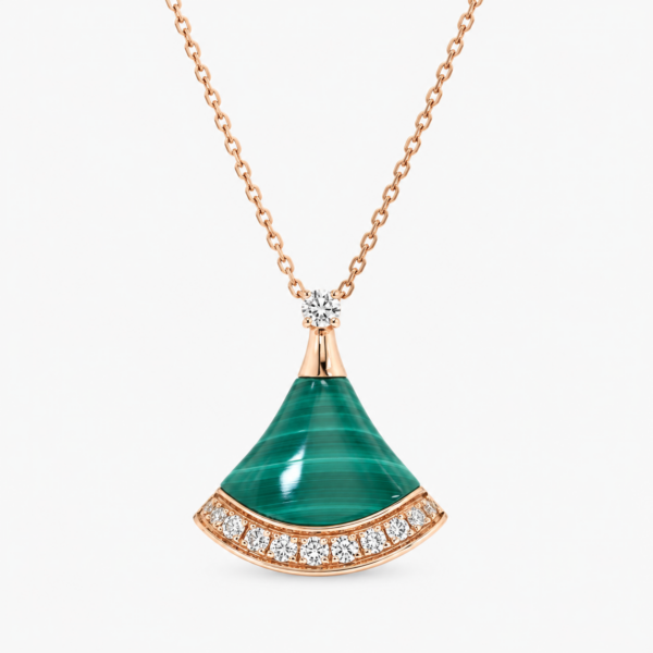 Fan Shaped Pendant in Rose gold with Green Malachite and Diamonds